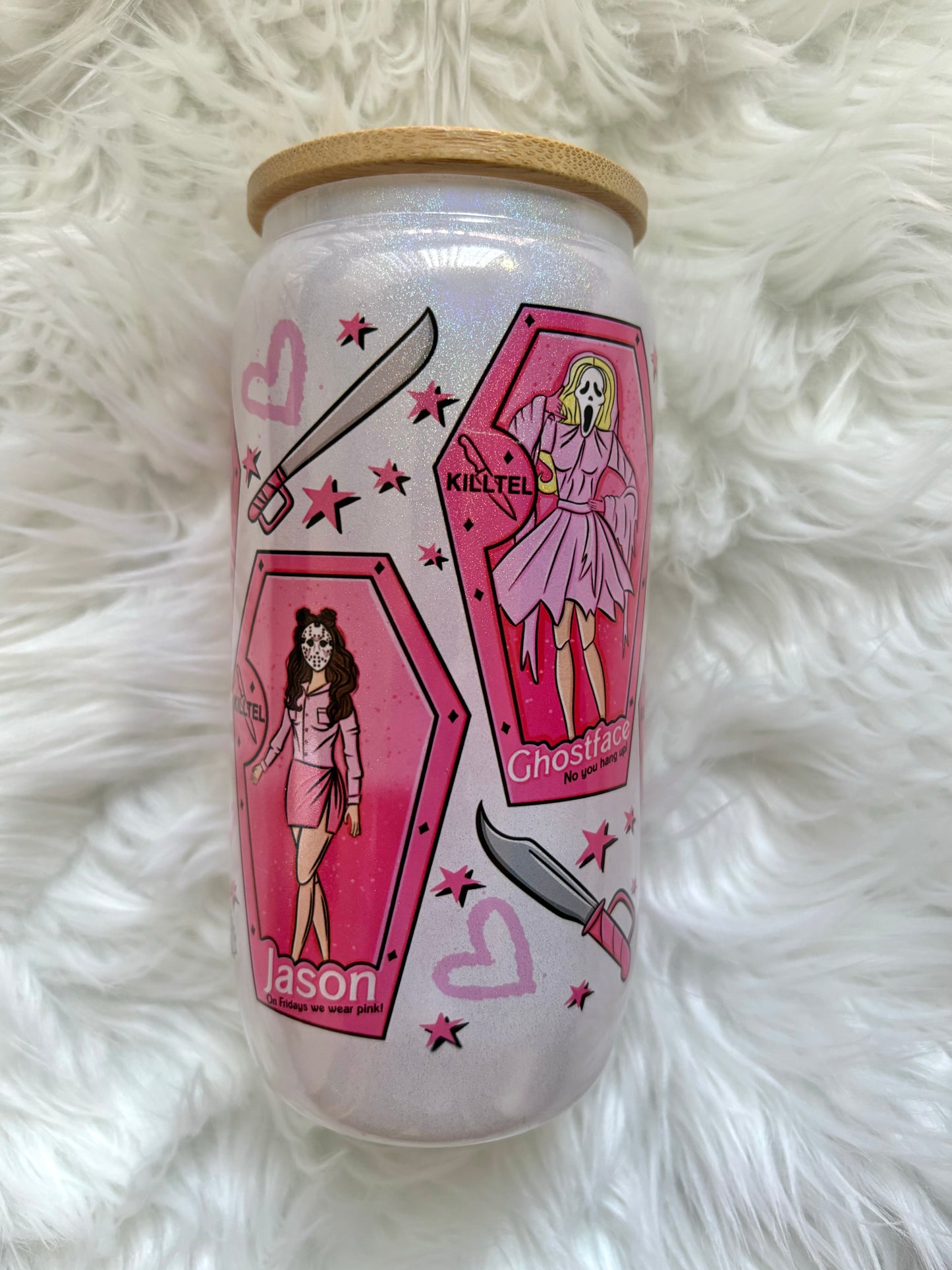 18oz Pink Horror Dolls Shimmer Glass Tumbler