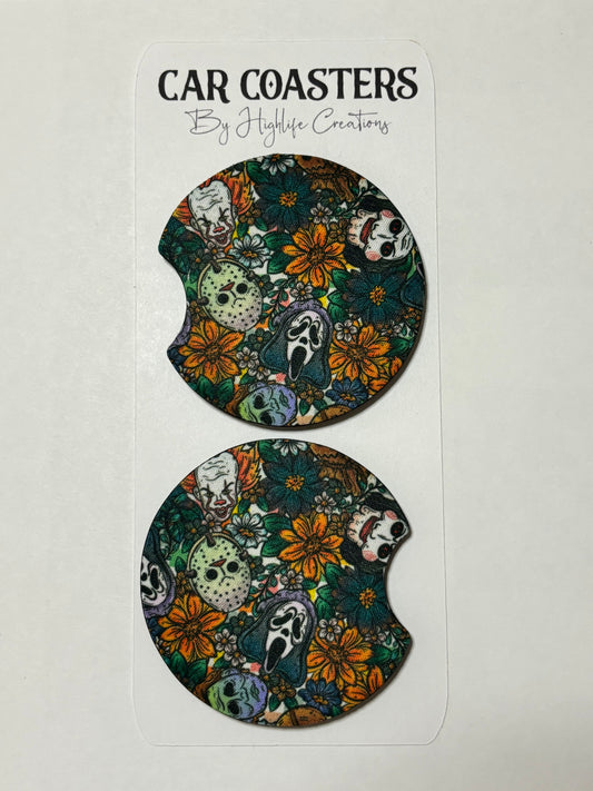 Green Floral Horror Car Coasters