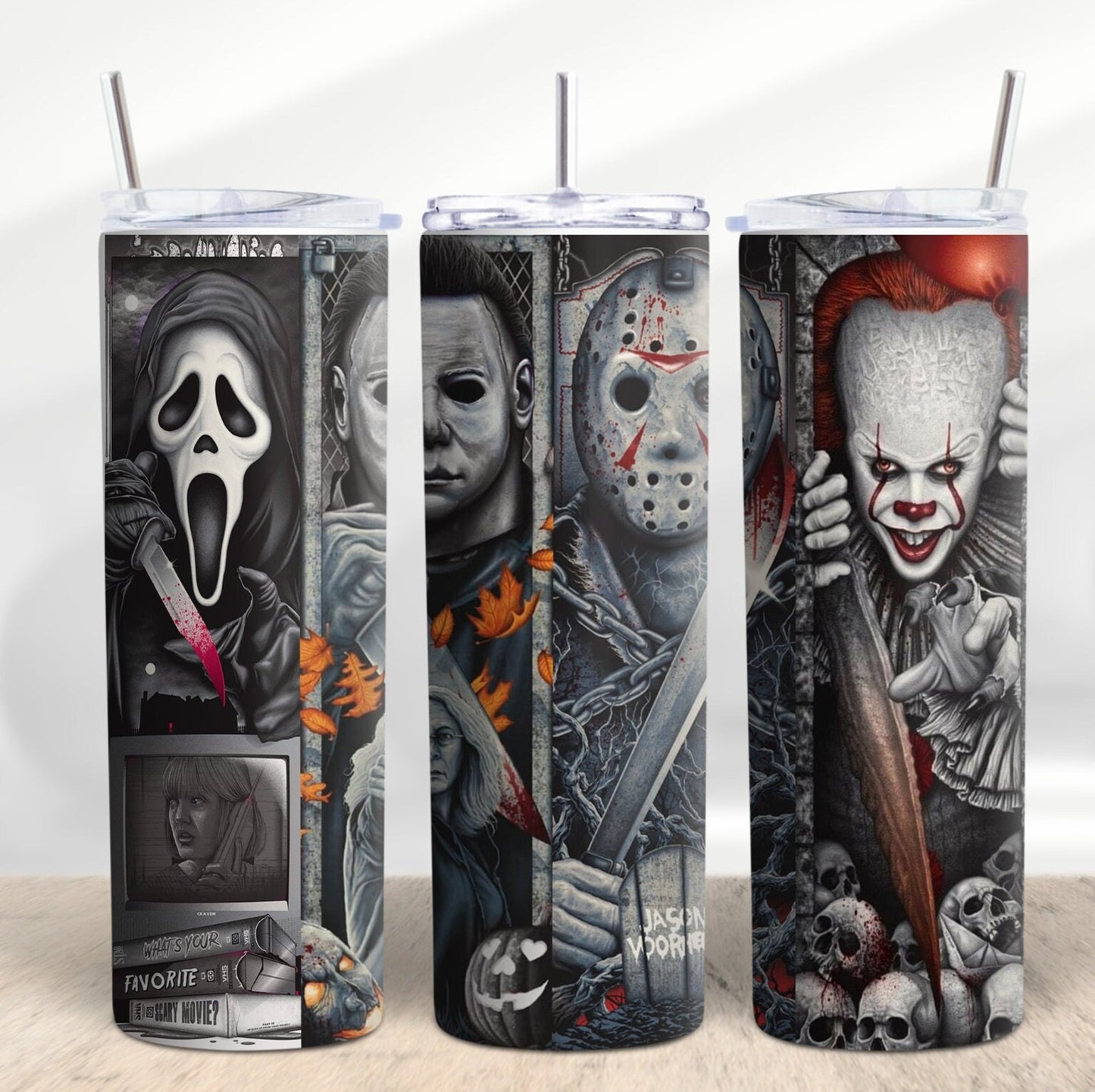 20oz Black and White Horror Tumbler Travel Mug